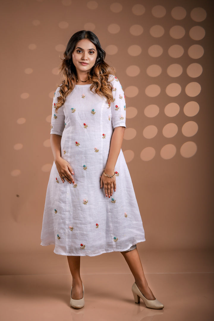 White with Hand Embroidery Pure Linen Frock