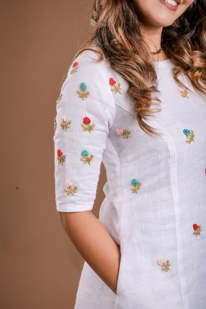 White with Hand Embroidery Pure Linen Frock