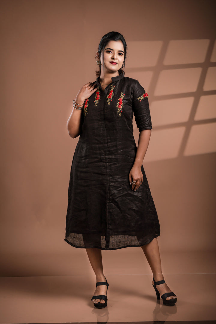Black with Hand Embroidery Pure Linen Frock
