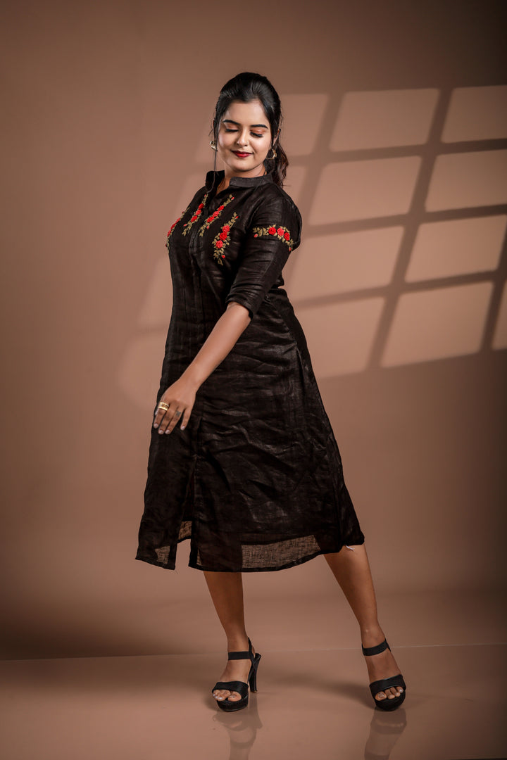 Black with Hand Embroidery Pure Linen Frock