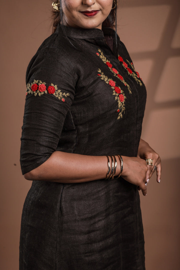 Black with Hand Embroidery Pure Linen Frock