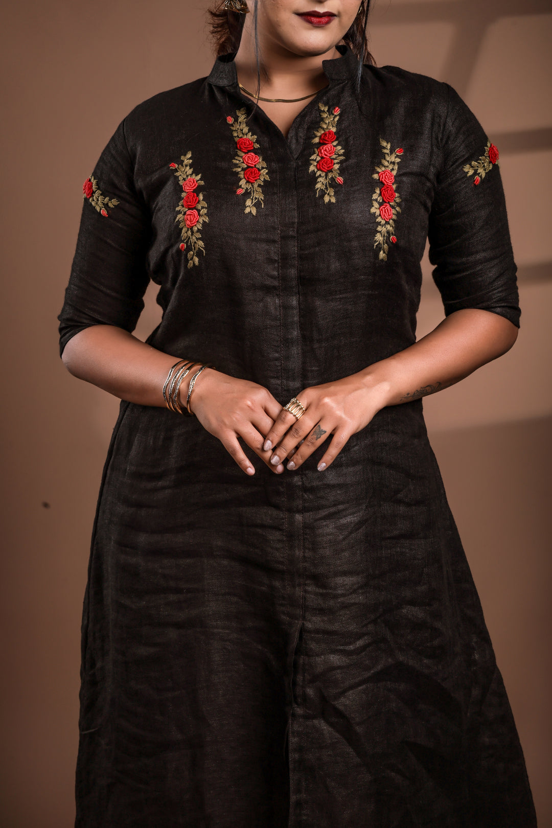 Black with Hand Embroidery Pure Linen Frock