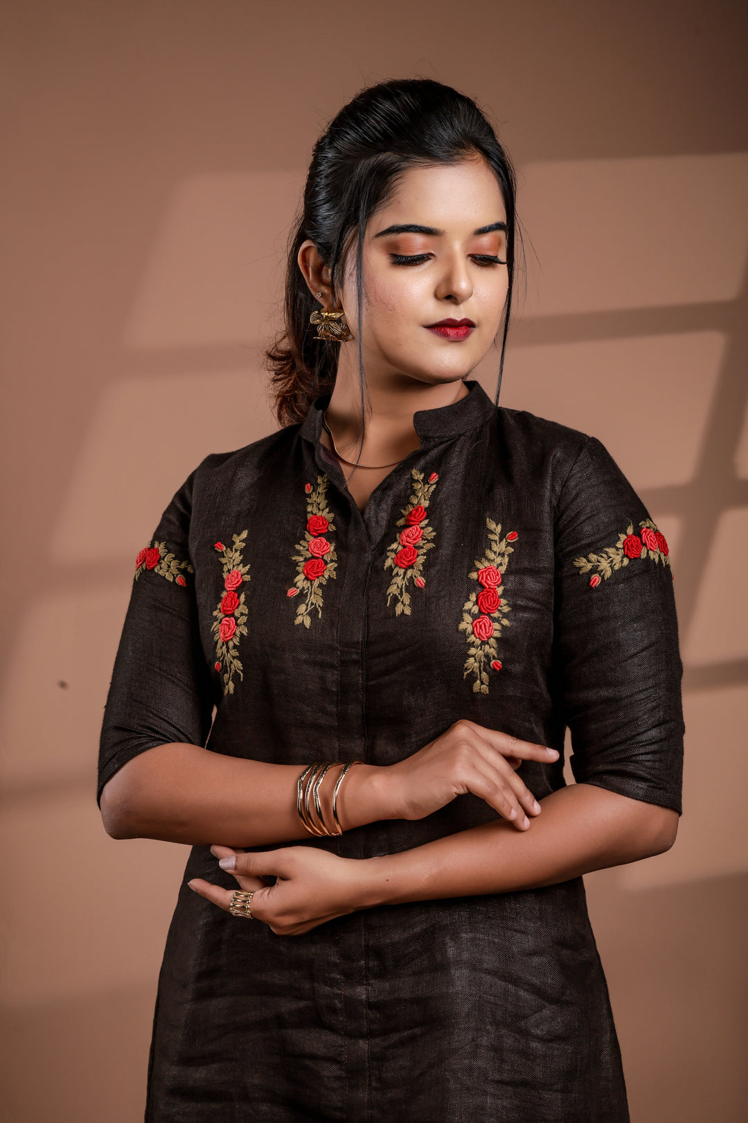 Black with Hand Embroidery Pure Linen Frock