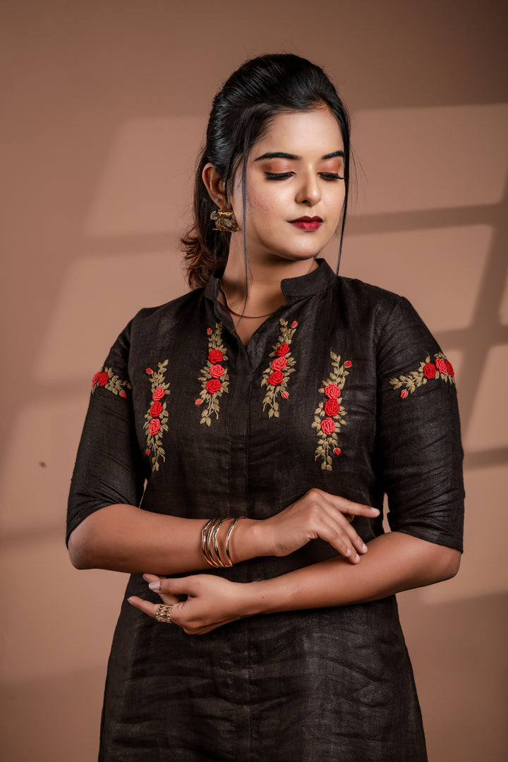 Black with Hand Embroidery Pure Linen Frock