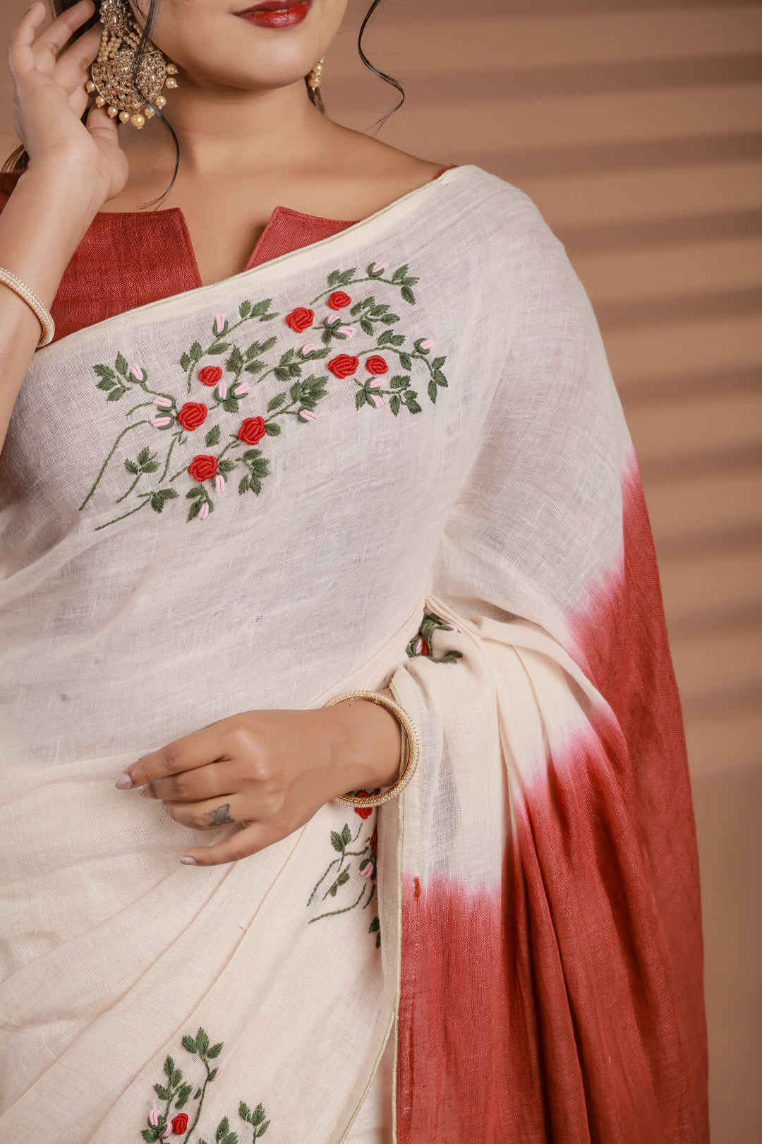 Double Shaded Pure Linen Saree with Floral Hand Embroidery