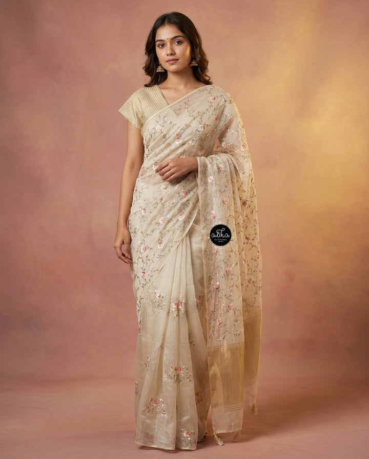 Ivory and Gold themed Organza Saree with Floral Embroidery