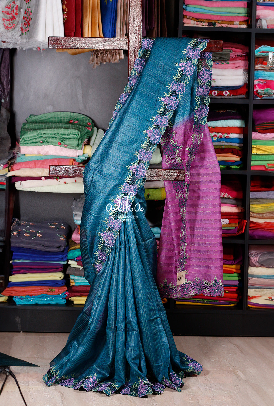 Elegance Redefined: Tussar Silk Saree with Full Border Cutwork and Bead Work