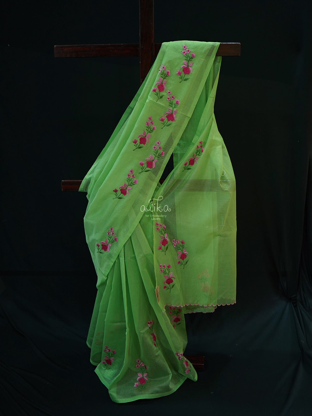 GREEN SILKY KOTA  SAREE  WITH PINK MACHINE EMBROIDERY