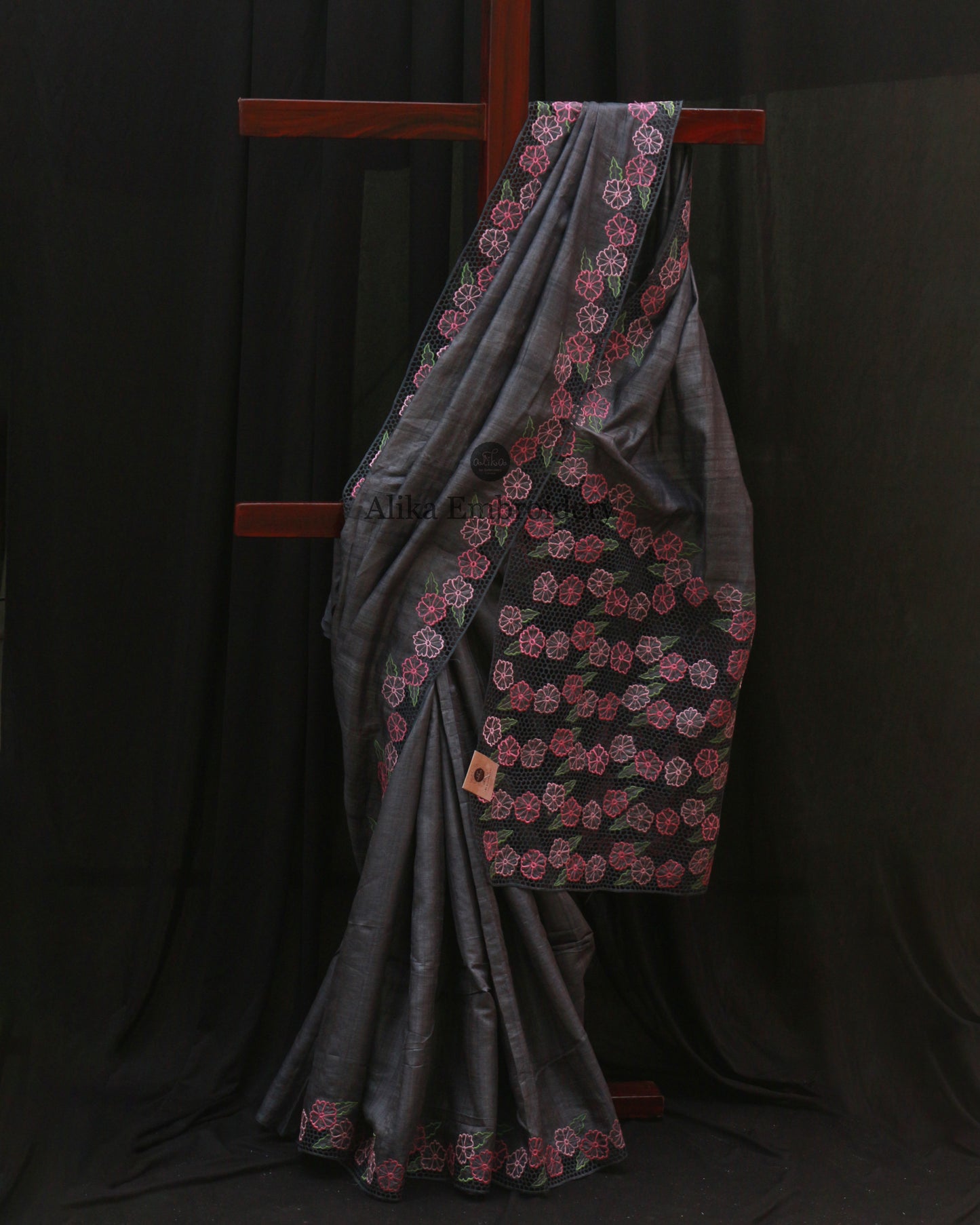Grey Tussar Silk Saree with Full Border and Heavy Pallu Cutwork