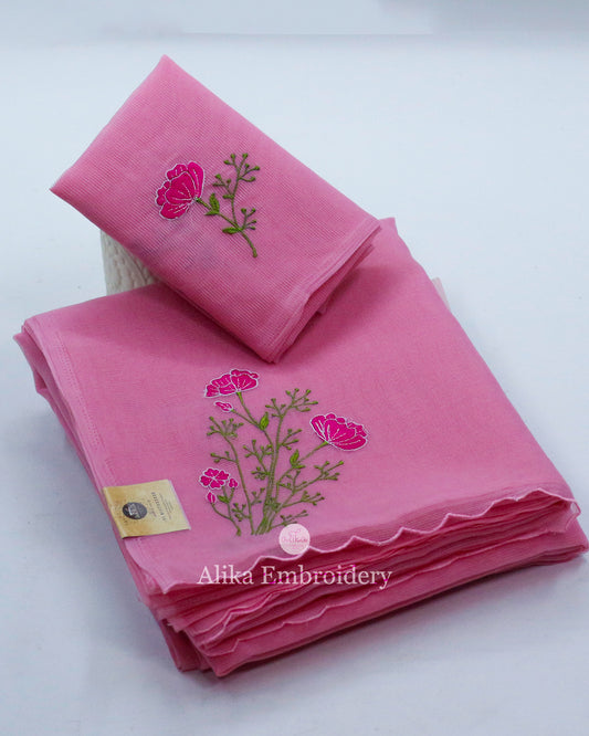 Pretty Pink Silky Kota Saree with Intricate Machine Embroidery | Timeless Elegance
