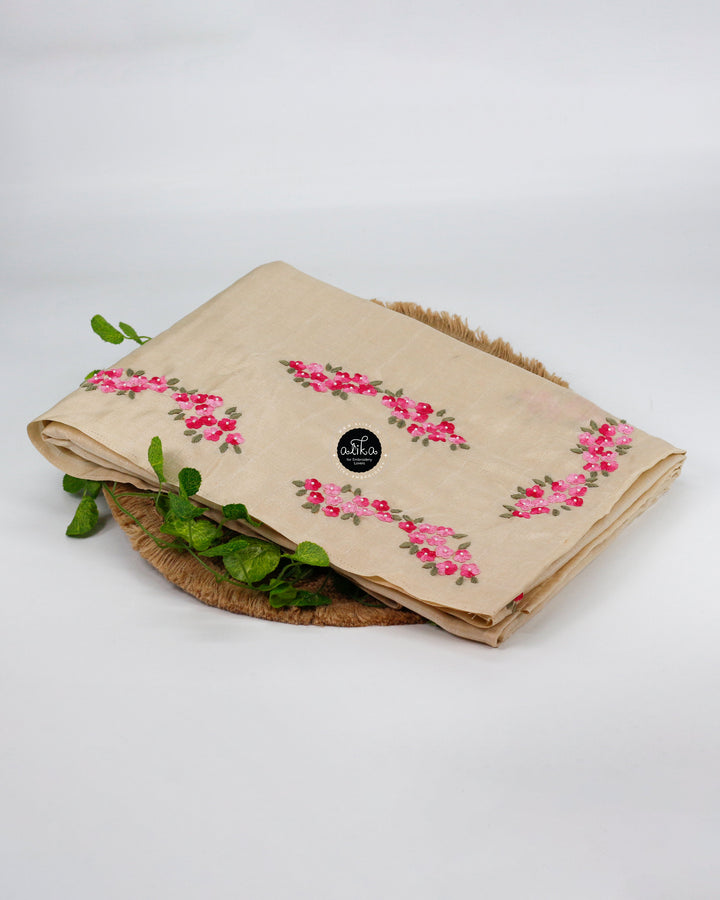 Beige Semi-Silk Saree with Intricate Hand Embroidery