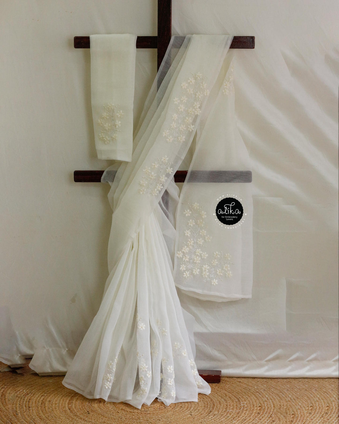 White Kota Saree with Ribbon Work