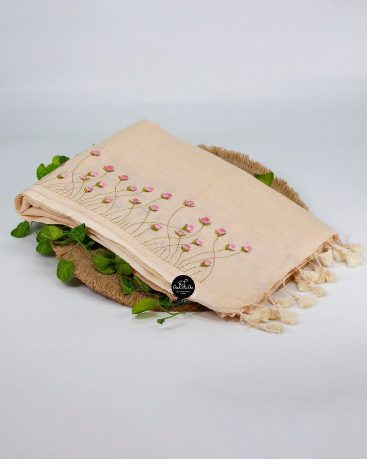 Champagne Beige Linen Saree with Floral Machine Embroidery