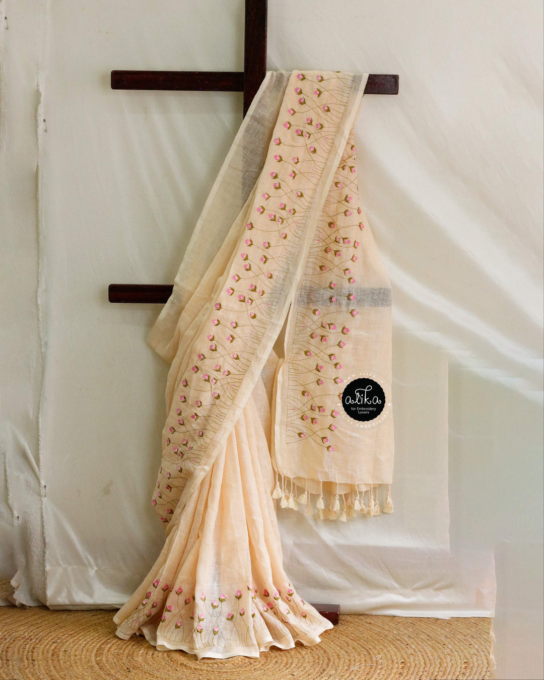 Champagne Beige Linen Saree with Floral Machine Embroidery