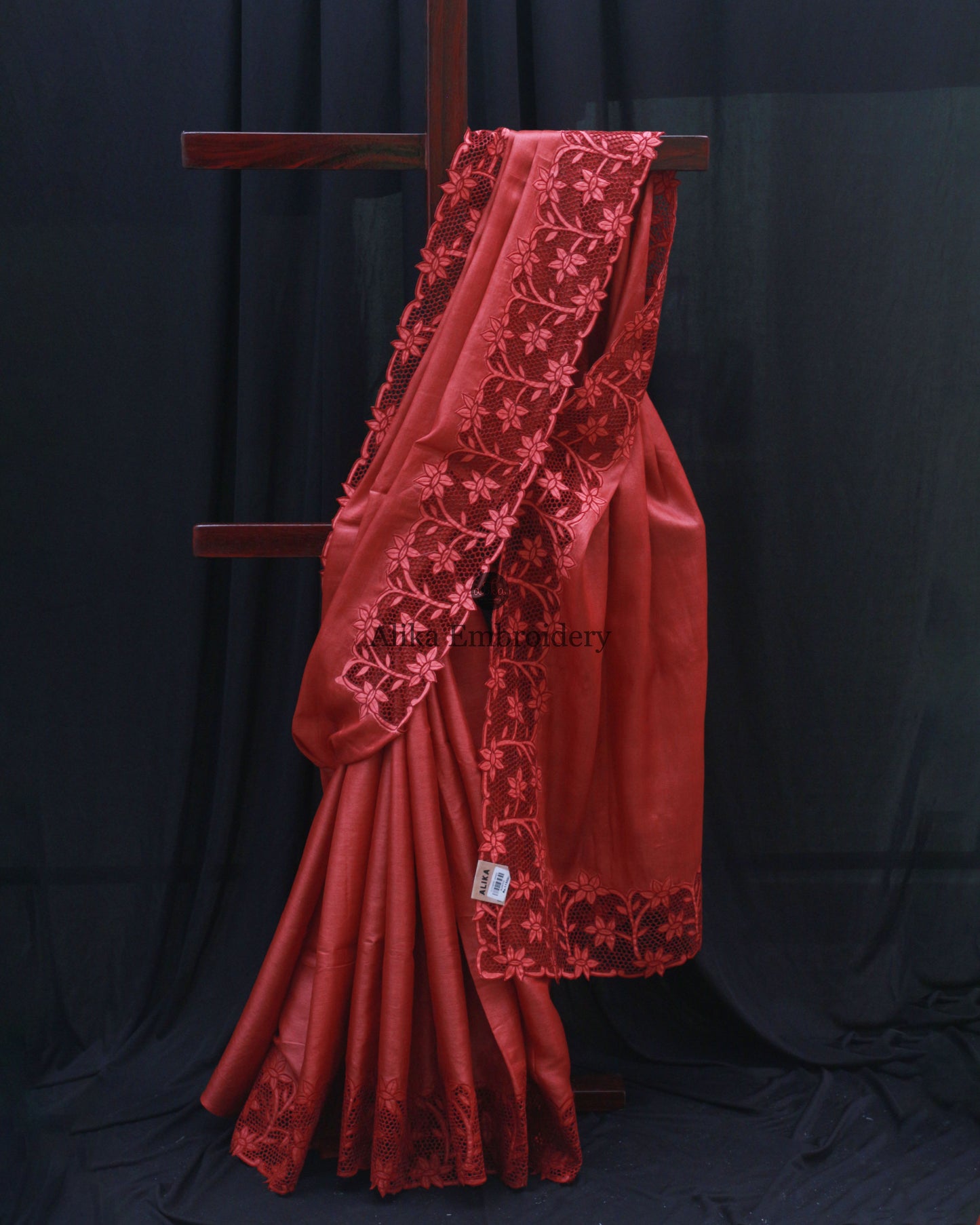 Brick Red Tussar Silk Saree with Full Border Cutwork