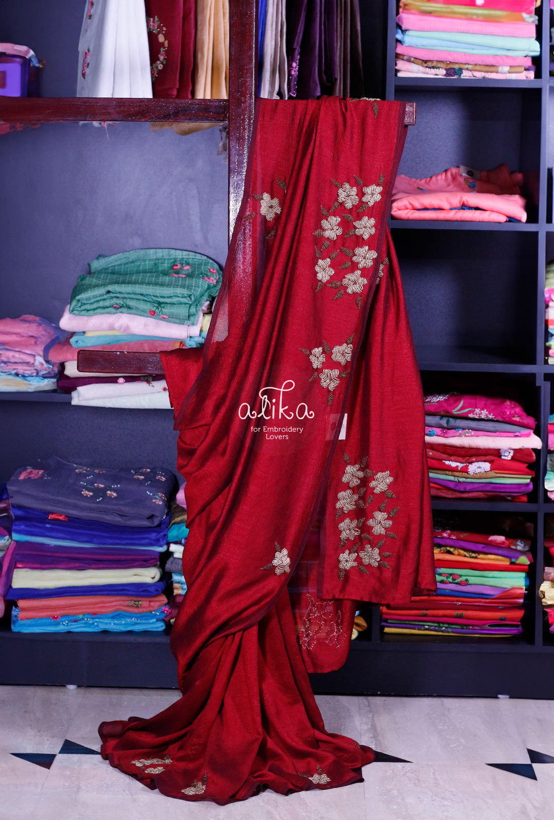 Timeless Elegance: Maroon Soft Silk Saree with Exquisite Bead Work
