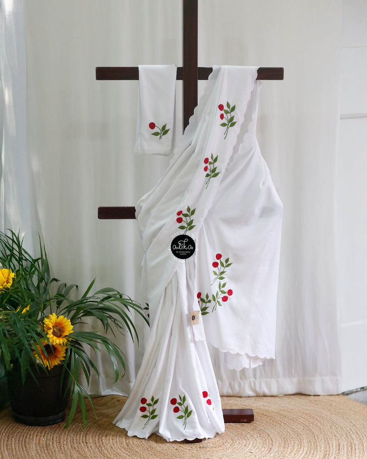 White Georgette Saree with Red Cherry Embroidery