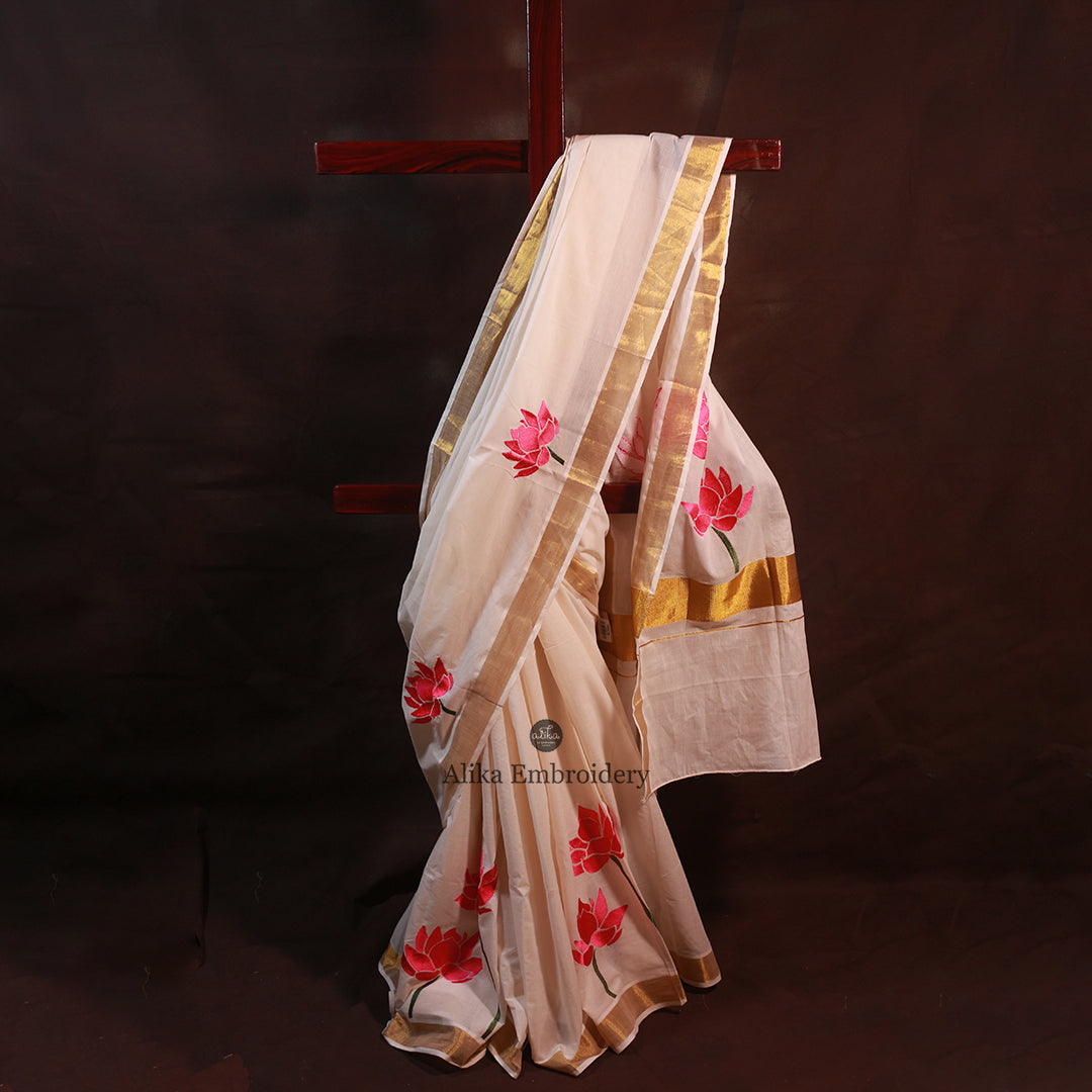 Kerala Onam Saree adorned with Exquisite Lotus Embroidery