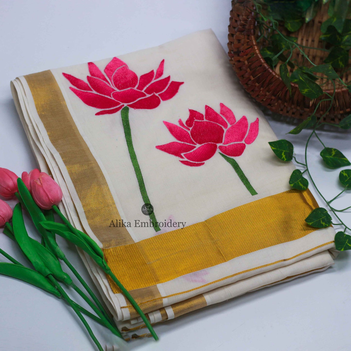 Kerala Onam Saree adorned with Exquisite Lotus Embroidery