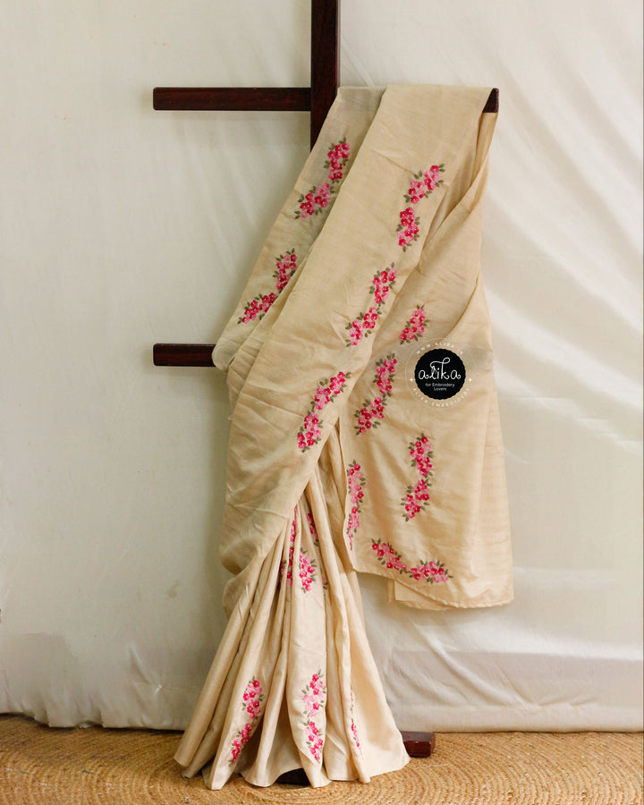 Beige Semi-Silk Saree with Intricate Hand Embroidery
