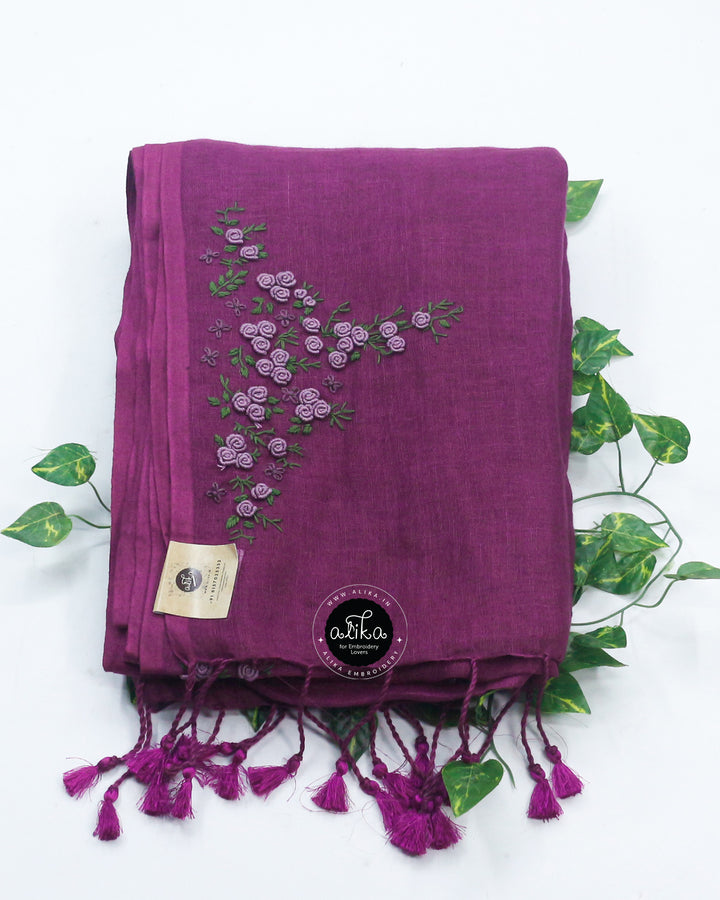 warm Purple Linen Saree with Exquisite Bullion Work – Elegant &amp; Sophisticated