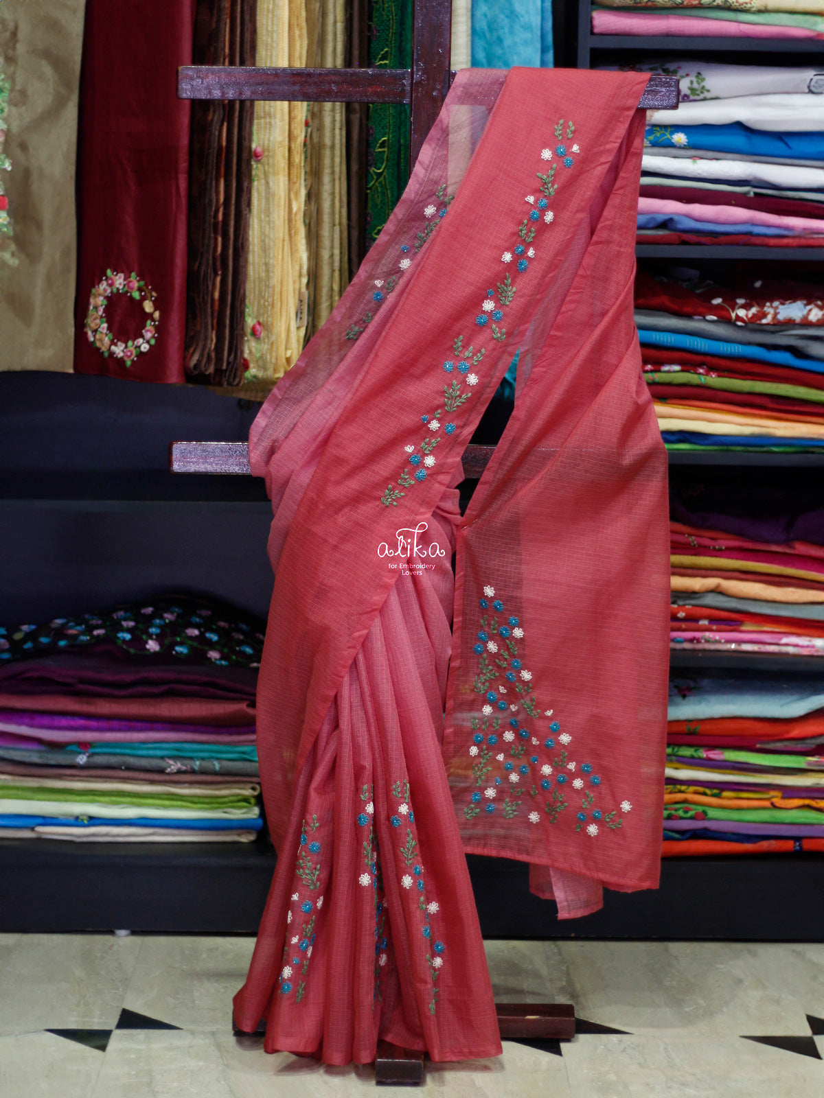 Exquisite Dark Pink Double-Shaded Silky Kota Saree with Laisy Daisy Floral Embroidery - Elegance Redefined
