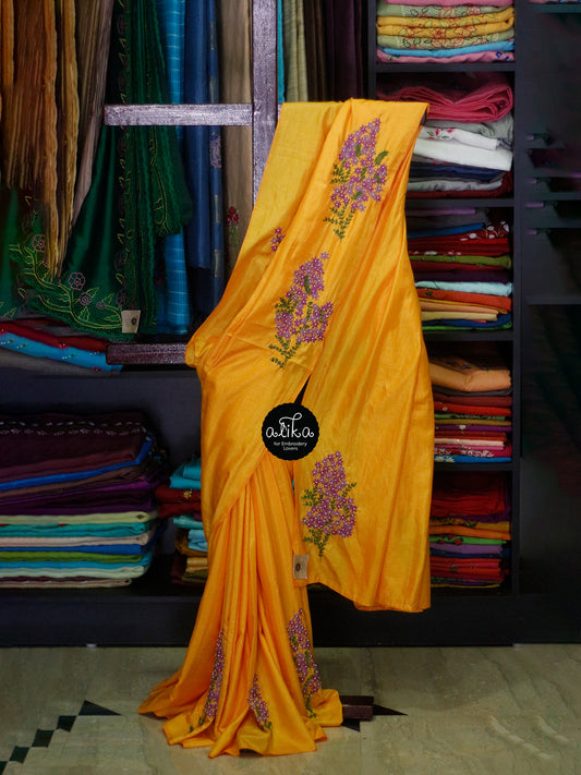 YELLOW SOFT SILK  SAREE WITH  with LAZY Daisy Bunches