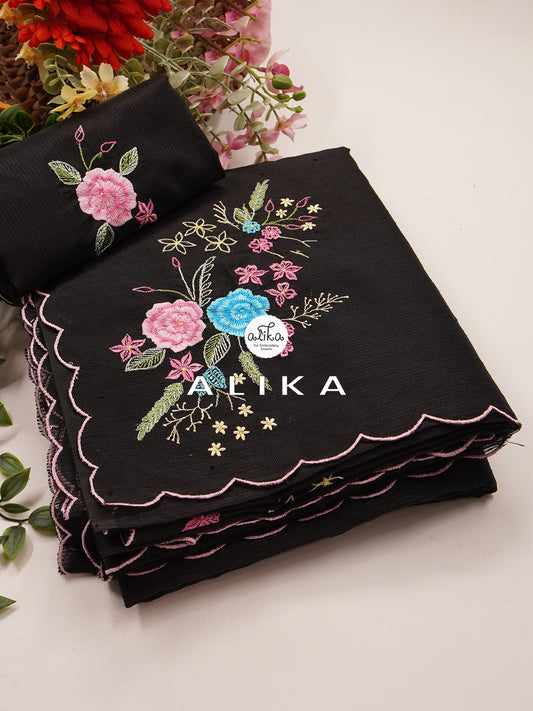 Striking Beauty: Black Kota Saree with Delicate Floral Embroidery