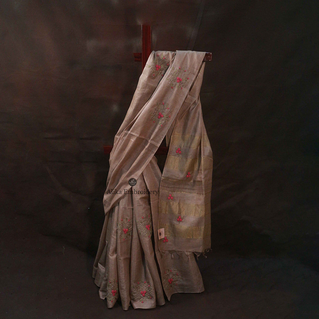 Golden Tussar Silk Saree with  Hand Embroidery