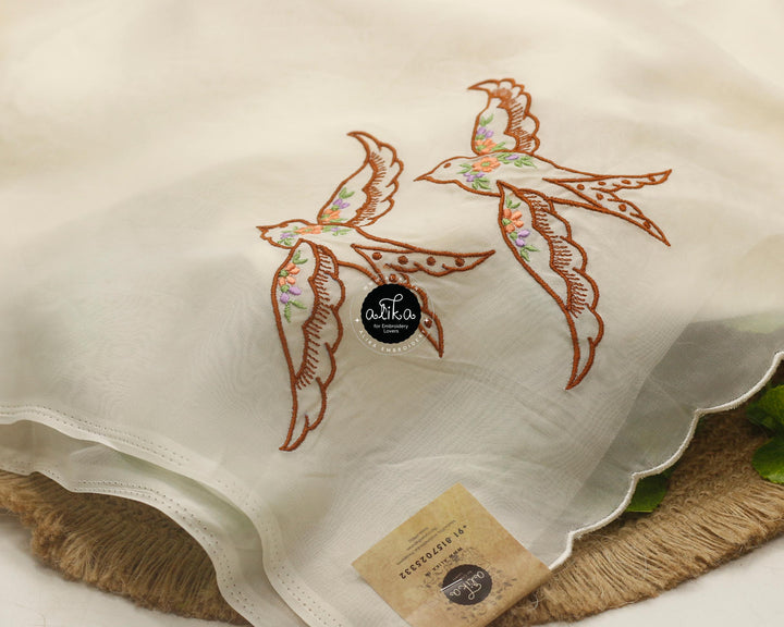 Pastel Cream Organza Saree with Flying Bird Embroidery – &amp;