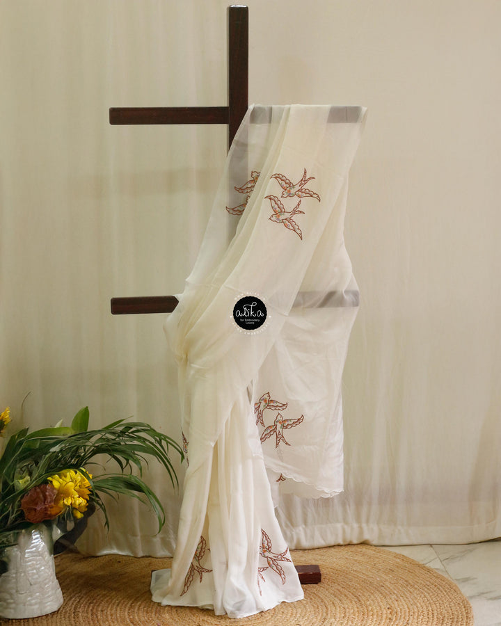 Pastel Cream Organza Saree with Flying Bird Embroidery – &amp;