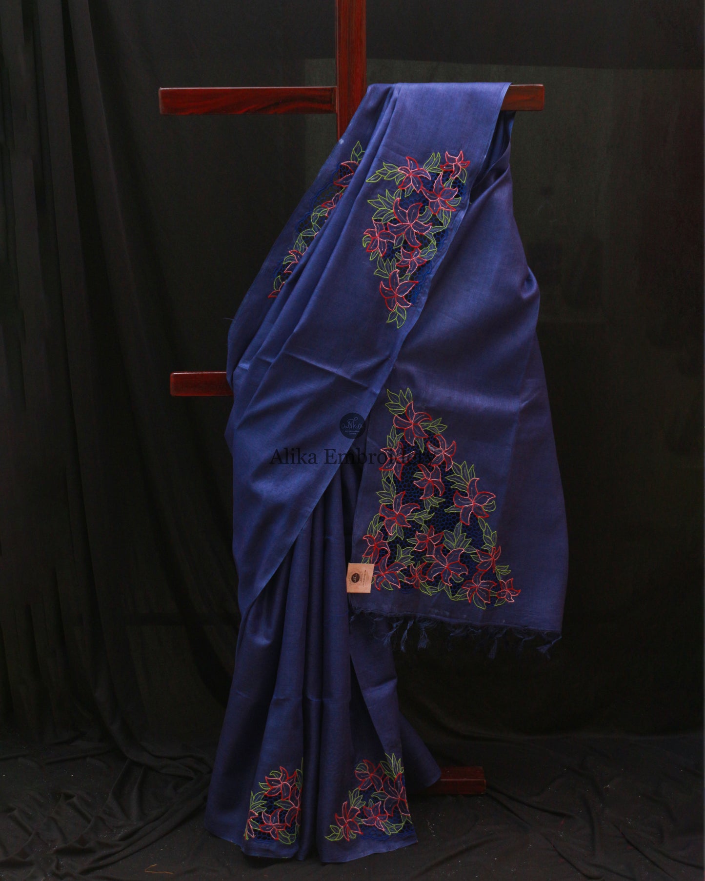 Blue Tussar Silk Saree with Scattered Twine Cutwork