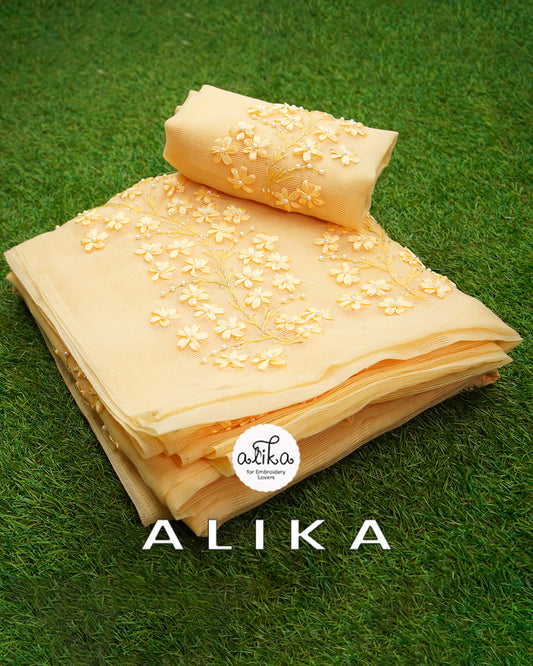 YELLOW Kota Saree with Self-Shade Ribbon Work Embroidery - Elegance Redefined"