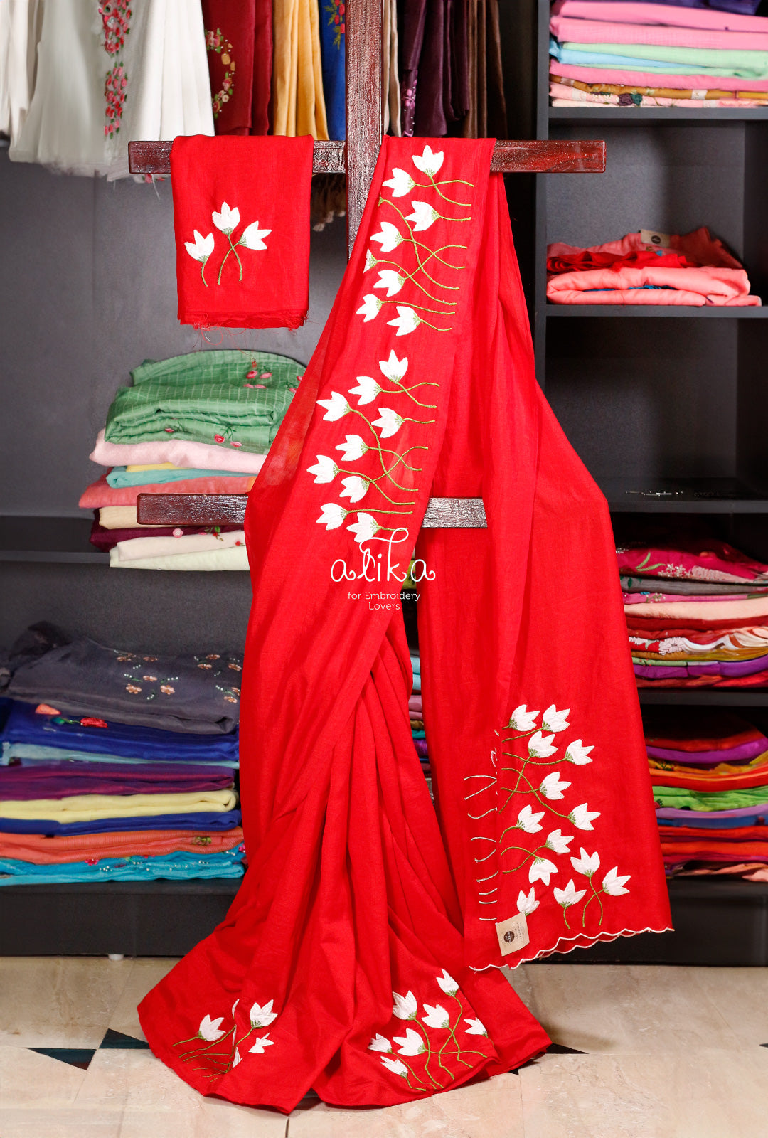 Sophisticated Charm: Soft Silk RED  Saree with White and Green Machine Work