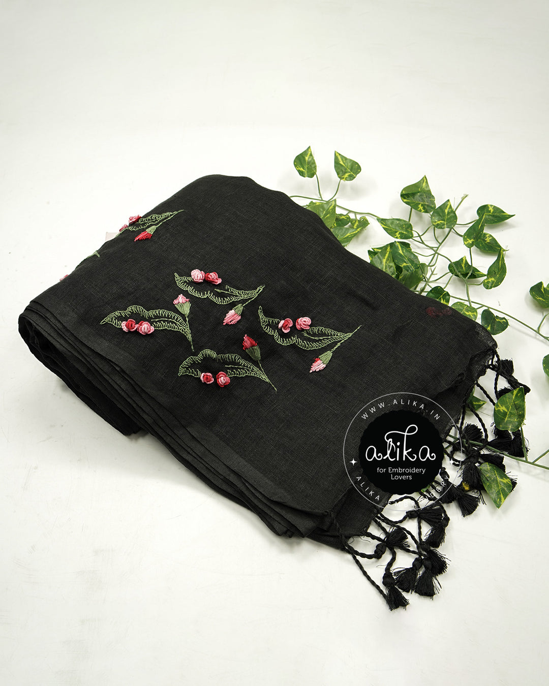 Chic Black Linen Saree with Pink &amp; Off-White Handwork