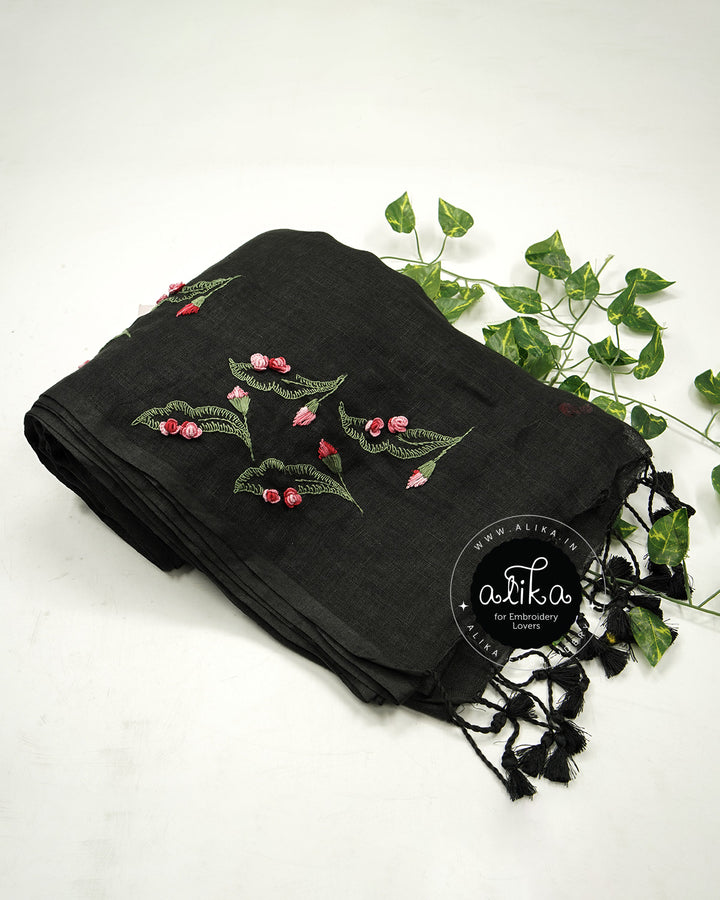 Chic Black Linen Saree with Pink &amp; Off-White Handwork