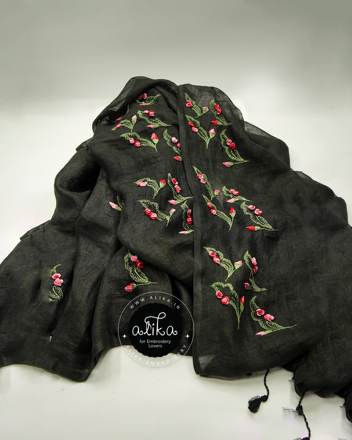 Chic Black Linen Saree with Pink &amp; Off-White Handwork