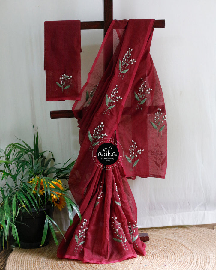Red Noel Kota Saree with Hand Embroidery