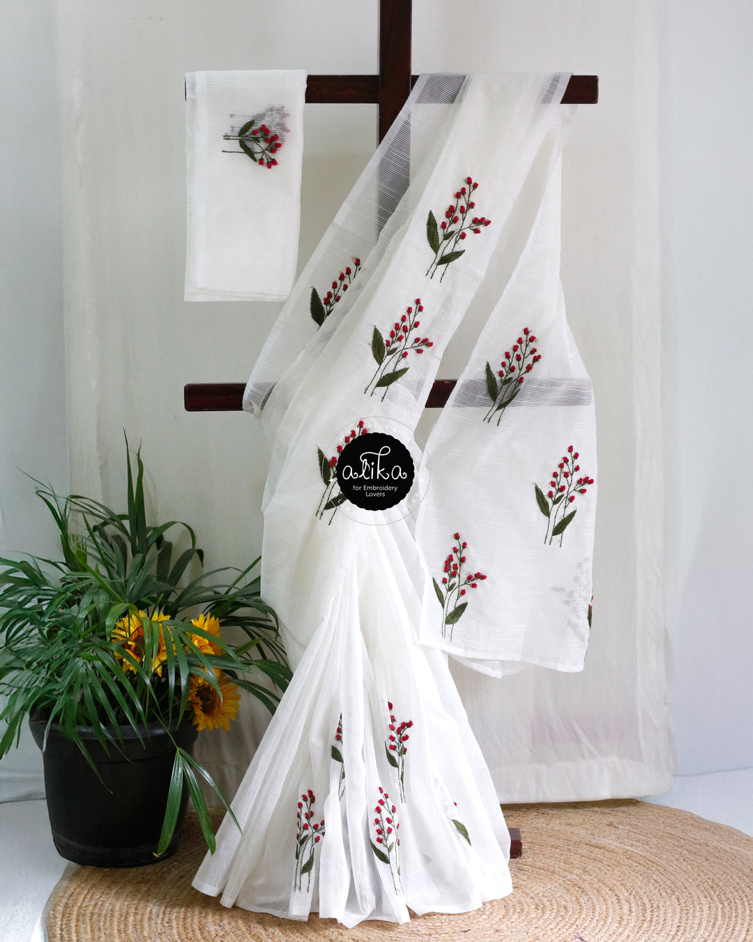 Hand Embroidered White Kota Saree