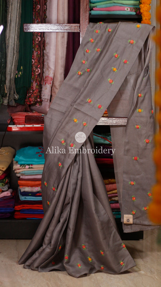 Exquisite Dark Grey Semi Silk Saree with Scattered Multicolored Floral Bullion and Laisy Daisy Work