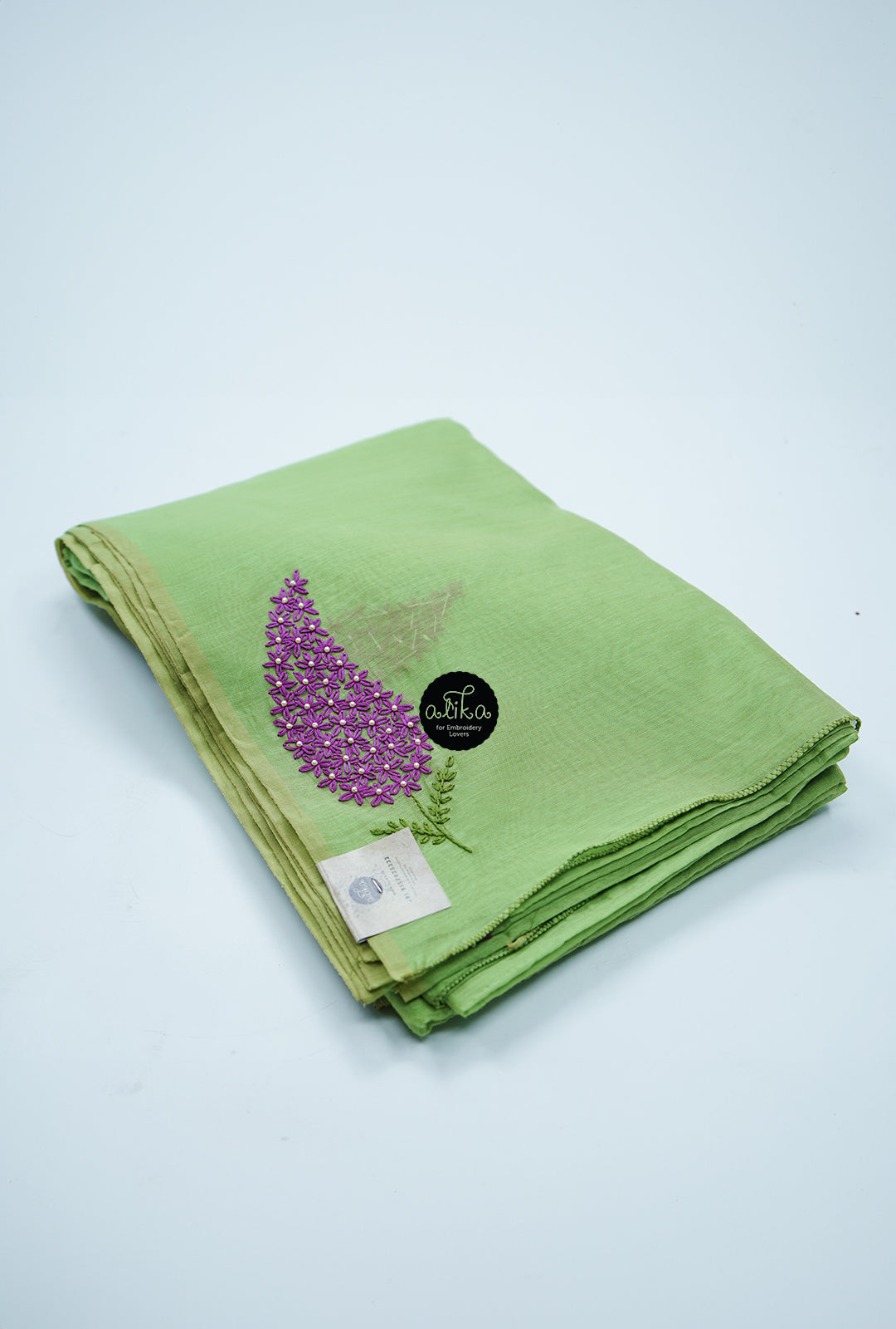 GREEN CHANDERI  SILK SAREE WITH PINK LAZY DAISY AND PEARL EMBROIDERY