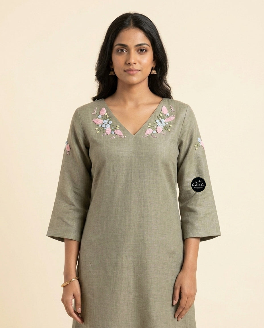 Light Olive Green Semi-Linen Stitched Kurti with Floral Hand Embroidery on Neckline &amp;amp; Sleeves