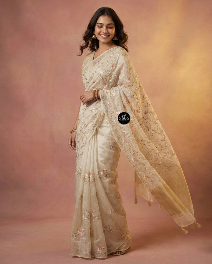 Ivory and Gold themed Organza Saree with Floral Embroidery