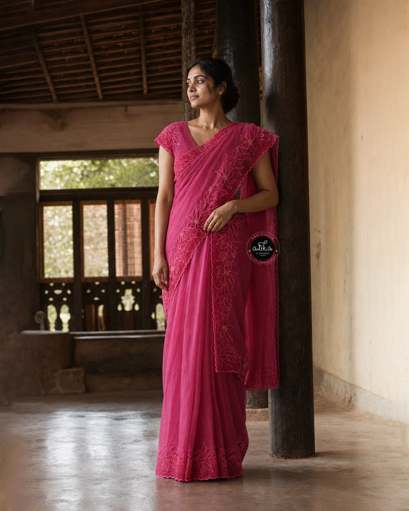 Rani Pink Pure Kota Doria Saree with Floral Appliqué Border