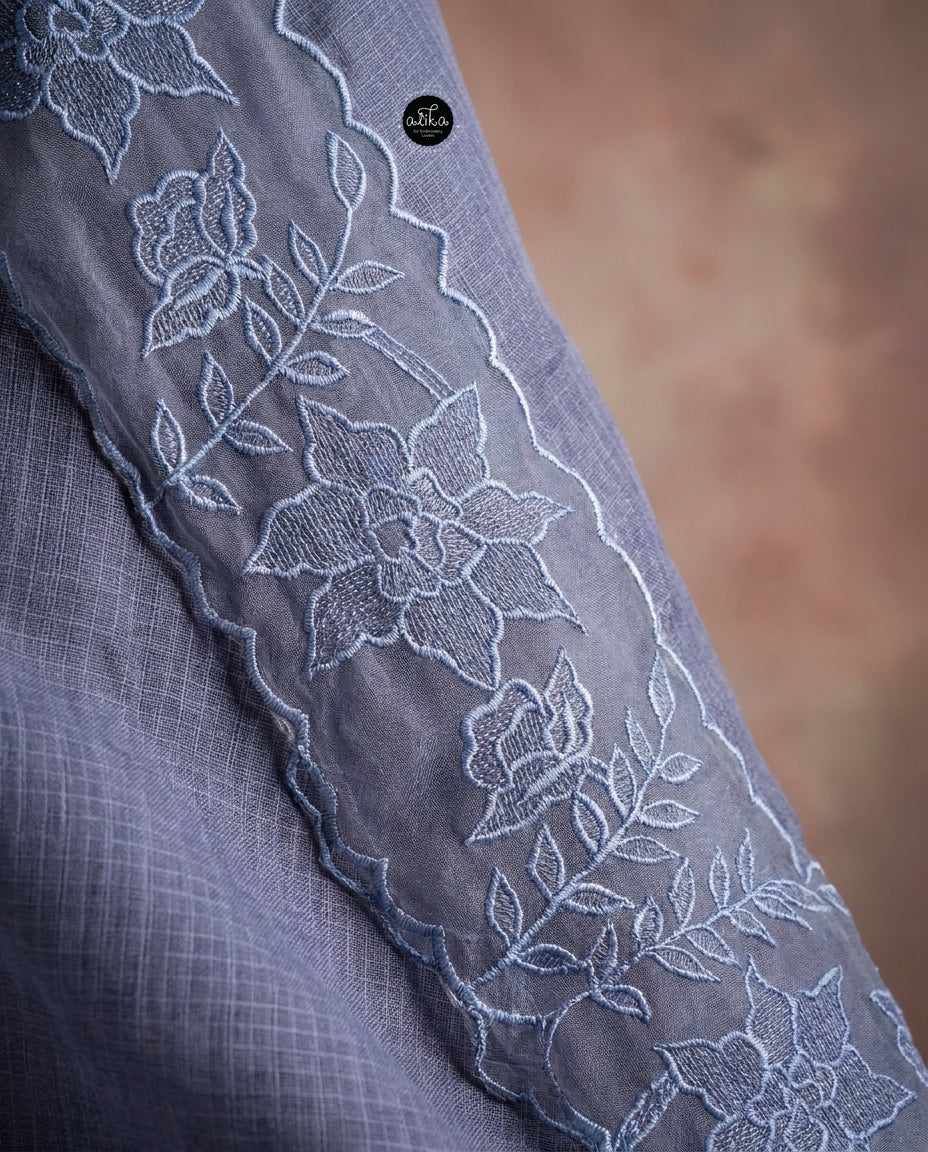 Gray Blue Silky Kota Saree with Floral Organza Applique Border