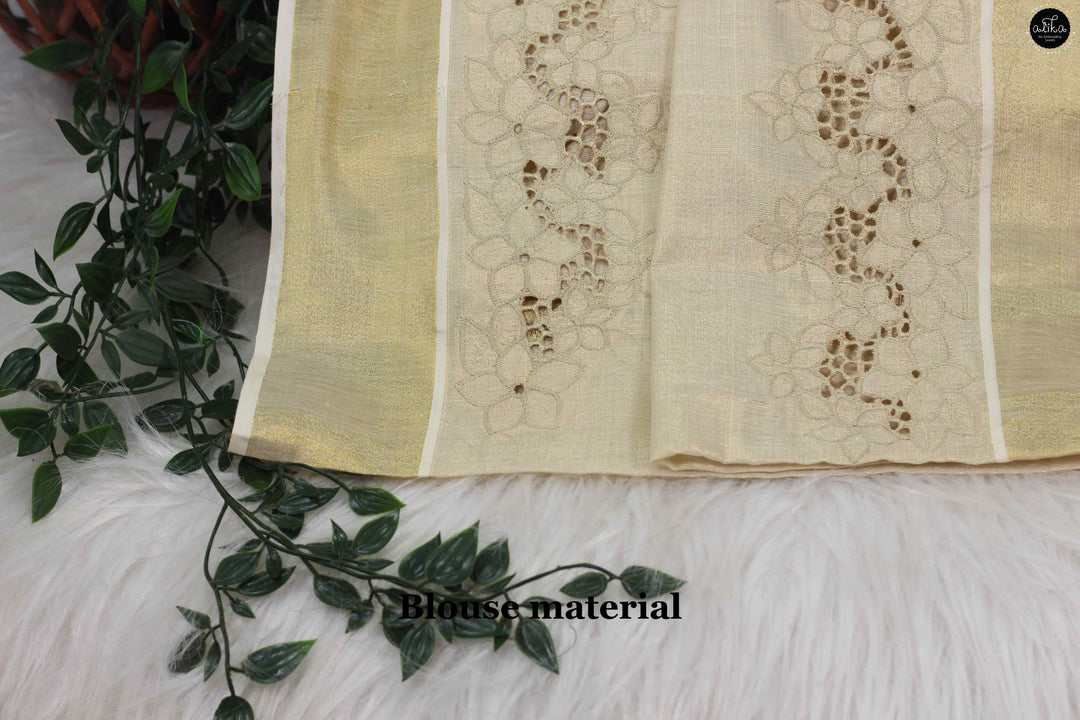 Kerala Pure Kasavu Saree with Full Border Cutwork &amp; Floral Embroidery