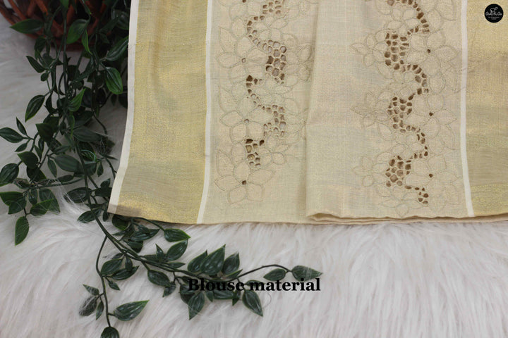 Kerala Pure Kasavu Saree with Full Border Cutwork &amp; Floral Embroidery