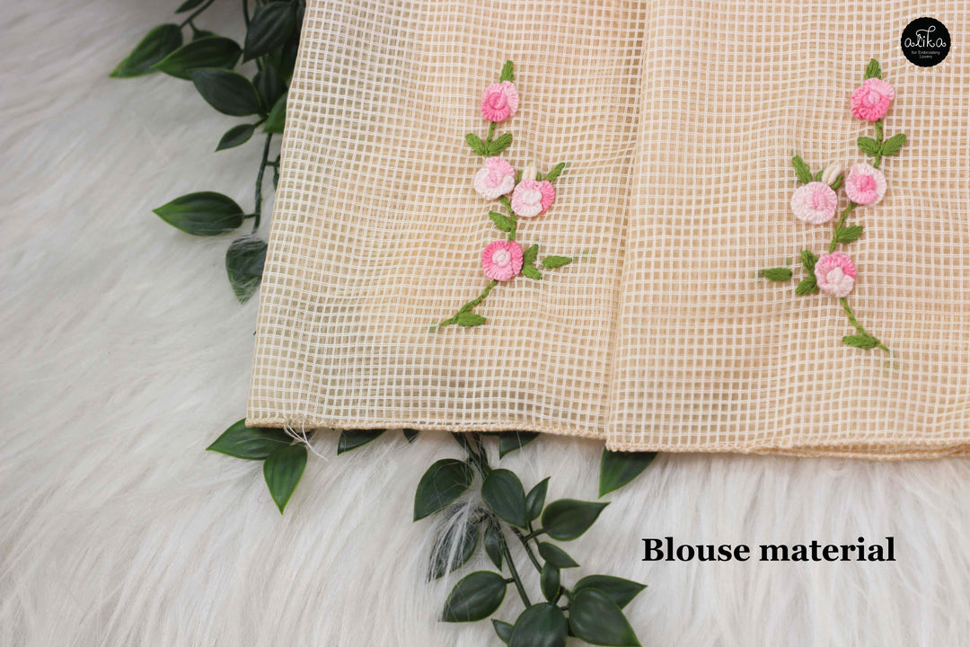 Vanilla Semi-Silk Saree with Floral Hand Embroidery – Graceful Artisan Drape