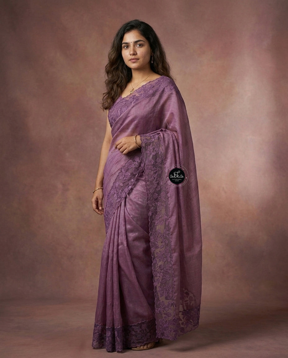 Lilac Silky Kota Saree with Floral Appliqué Border