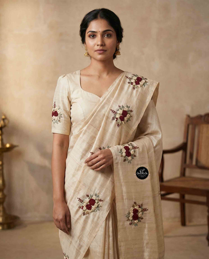 Beige Pure Tussar Silk Saree with Floral Hand Embroidery